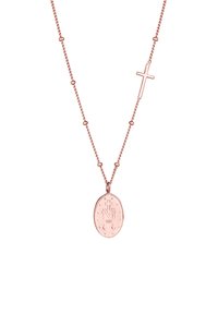 Collana in oro rosa con pendant ovale decorato con un design a croce, superficie texturizzata e una delicata catena con piccoli elementi rotondi.