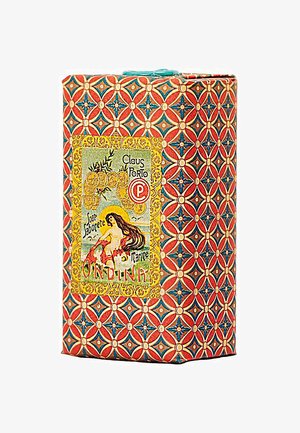 Patterned soap box featuring a red and blue geometric design with a yellow and green label reading "Claus Porto Ondina."