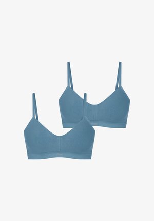 Two blue, seamless bras with adjustable straps. Material appears soft and stretchy, featuring a simple design and a smooth texture.