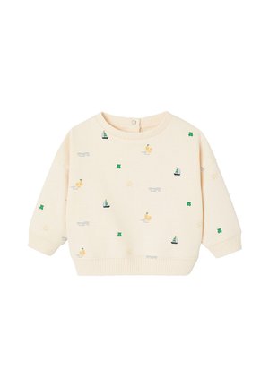 Cream long-sleeve baby sweater with ribbed cuffs, decorated with small sailboats, suns, waves, and green turtles pattern.