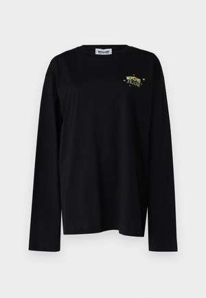 T-shirt à manches longues noir en coton, avec le lettrage doré "Moschino Jeans" et des étoiles sur le côté gauche de la poitrine.