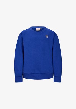 Niebieski bawełniany sweatshirt z okrągłym dekoltem, ściągaczami w mankietach i u dołu. Posiada małą metkę z logo na piersi. Gładka faktura.