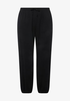 Sorte bukser lavet af blødt stof med en elastisk talje og justerbar snoretræk, der har tapered ben og elastiske manchetter ved anklene.