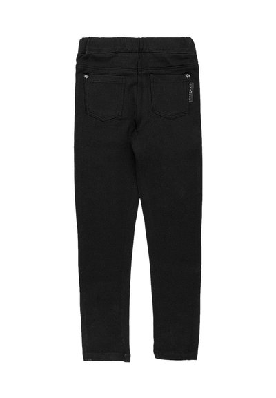 Pantaloni in denim nero slim fit, con una texture liscia, due tasche posteriori e una vita per un comfort aggiuntivo.
