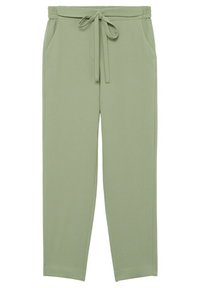 Pantalon décontracté vert clair avec taille élastique et cordon de serrage à l'avant, doté de poches latérales et d'une coupe droite.