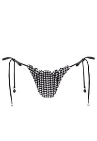 Czarnobiało w kratkę bikini dolne z falbanami, regulowanymi wiązaniami oraz kulistymi ozdobami na końcach wiązań.