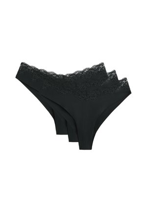 Trois strings noirs pour femmes ornés de dentelle empilés, avec un détail en dentelle florale le long de la taille.