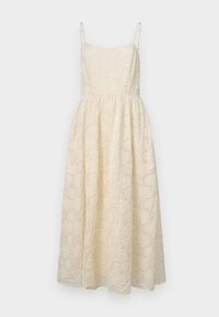 Vestido midi de encaje en color crema, con tirantes finos ajustables, un corsé ceñido y una falda acampanada con patrones florales en toda su superficie.