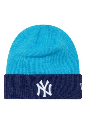 Berretto in maglia blu con risvolto blu navy scuro con logo bianco intrecciato "NY" ricamato davanti.