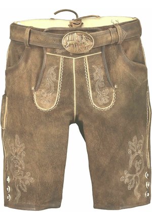 Braune Lederhosen mit dekorativer Stickerei, Gürtel mit aufwendiger Schnalle, flachen Taschen und Knopfakzenten an den Seiten.
