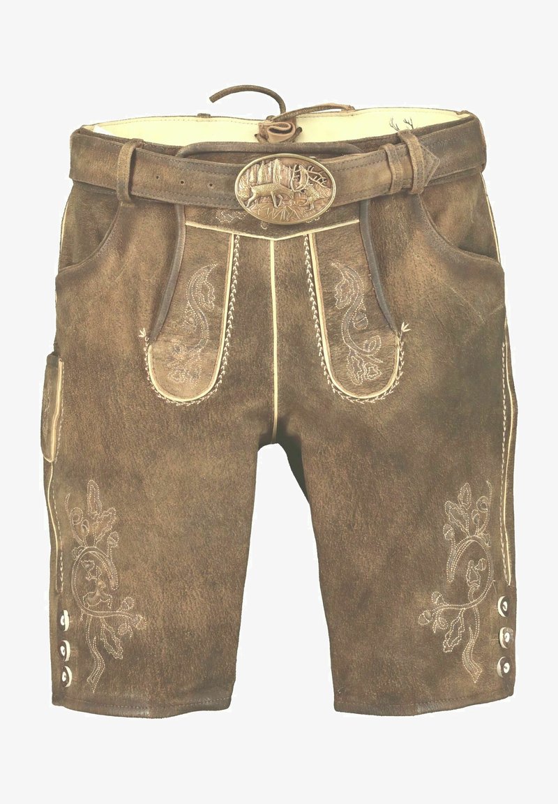 Braune Lederhosen mit dekorativer Stickerei, Gürtel mit aufwendiger Schnalle, flachen Taschen und Knopfakzenten an den Seiten.