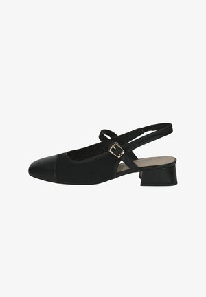 Black slingback shoe with a textured fabric upper and a shiny patent toe cap. Features a low block heel and a side buckle strap.