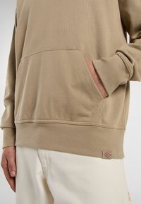 Felpa beige con una texture morbida, dotata di tasca frontale e polsini a coste. Etichetta di branding ben visibile in basso a destra.