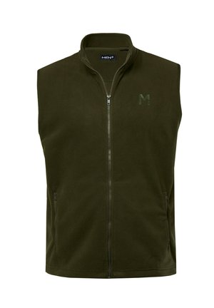 Olivově zelená fleecová vesta s vysokým límcem, plným zipem vpředu a dvěma postranními zipovými kapsami. Na hrudi je decentní logo. Měkká textura.