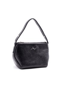 Czarna torebka wykonana z teksturowanej skóry, charakteryzująca się zaokrąglonym kształtem, krótkim uchwytem oraz zapięciem na zamek z tłoczonym wzorem i srebrnym detalem logo.