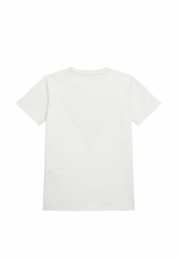 Camiseta de algodón blanca con mangas cortas, un cuello redondo y la parte trasera lisa. Textura suave sin patrones o detalles visibles.