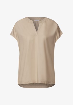 Beige blouse met korte mouwen en een V-hals, gemaakt van zachte stof. Heeft een ontspannen pasvorm en een gebogen zoom voor een comfortabele uitstraling.