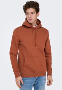 Hoodie in roestkleur gemaakt van zachte stof, met een voorzak in kangaroestijl, trekkoorden en geribde manchetten. Gladde textuur, pullover ontwerp.