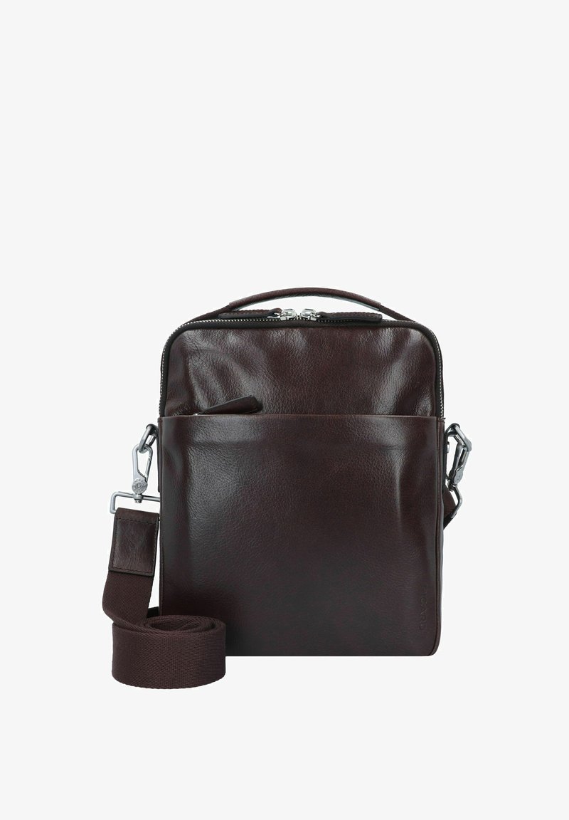 Braune Leder-Umhängetasche mit einem Reißverschluss oben, einer Fronttasche und einem abnehmbaren Stoffgurt. Sie verfügt über eine glatte Textur und ein minimalistisches Design.