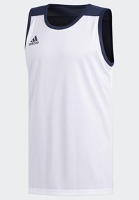 Hvid sportstanktop med marineblå detaljer, lavet af åndbart stof. Har en rund halsudskæring og mesh-sidelapper for ventilation. Adidas-logoet vises.