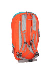 Orange Rucksack mit grauen Akzenten, gepolsterten Schultergurten und einem Netzrücken für Belüftung. Enthält Reißverschlüsse und verstellbare Riemen.