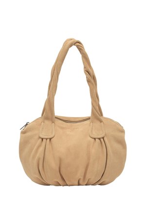 Borsa a tracolla in camoscio beige con doppi manici intrecciati e chiusura superiore con cerniera, che mostra una texture morbida e arricciata.