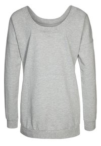 Sudadera de manga larga gris claro con un cuello ancho, puños acanalados y un corte relajado. Fabricada con una suave mezcla de algodón.