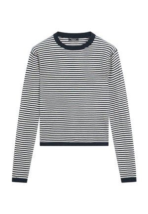 Langärmliges Rundhalsshirt mit schwarzen und weißen horizontalen Streifen sowie schwarzen Bündchen und Saum.