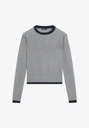 Langärmliges Rundhalsshirt mit schwarzen und weißen horizontalen Streifen sowie schwarzen Bündchen und Saum.