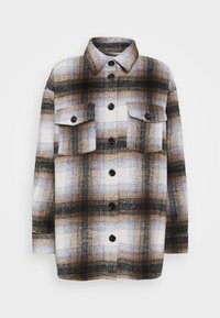 Langærmet skjortejakke med knapper, brun, sort og hvid ternet mønster samt to forlommer med klapper og knapper.