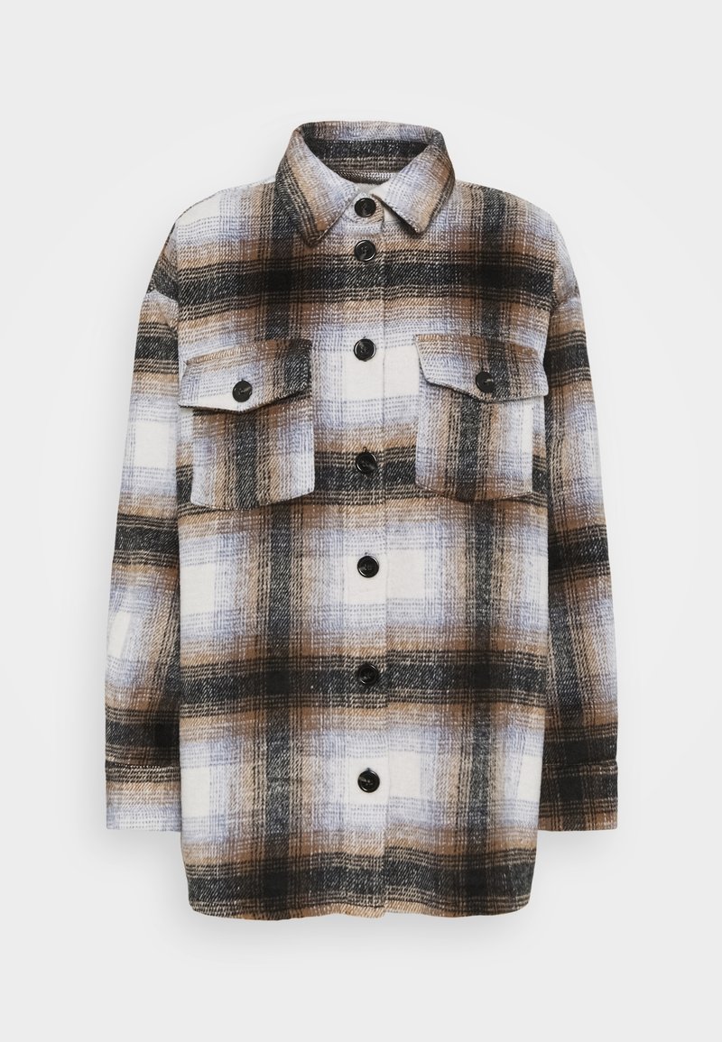 Langærmet skjortejakke med knapper, brun, sort og hvid ternet mønster samt to forlommer med klapper og knapper.