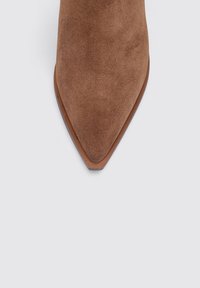 Chaussure brune à bout pointu en suede doux, avec une texture lisse et un design épuré doté d'une semelle plate étroite.