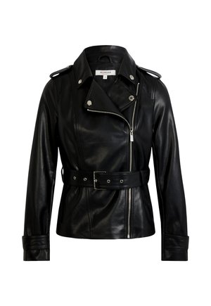 Giacca da moto in pelle nera con vita a cintura, chiusura con zip asimmetrica e dettagli con bottoni a pressione su colletto e spalle.