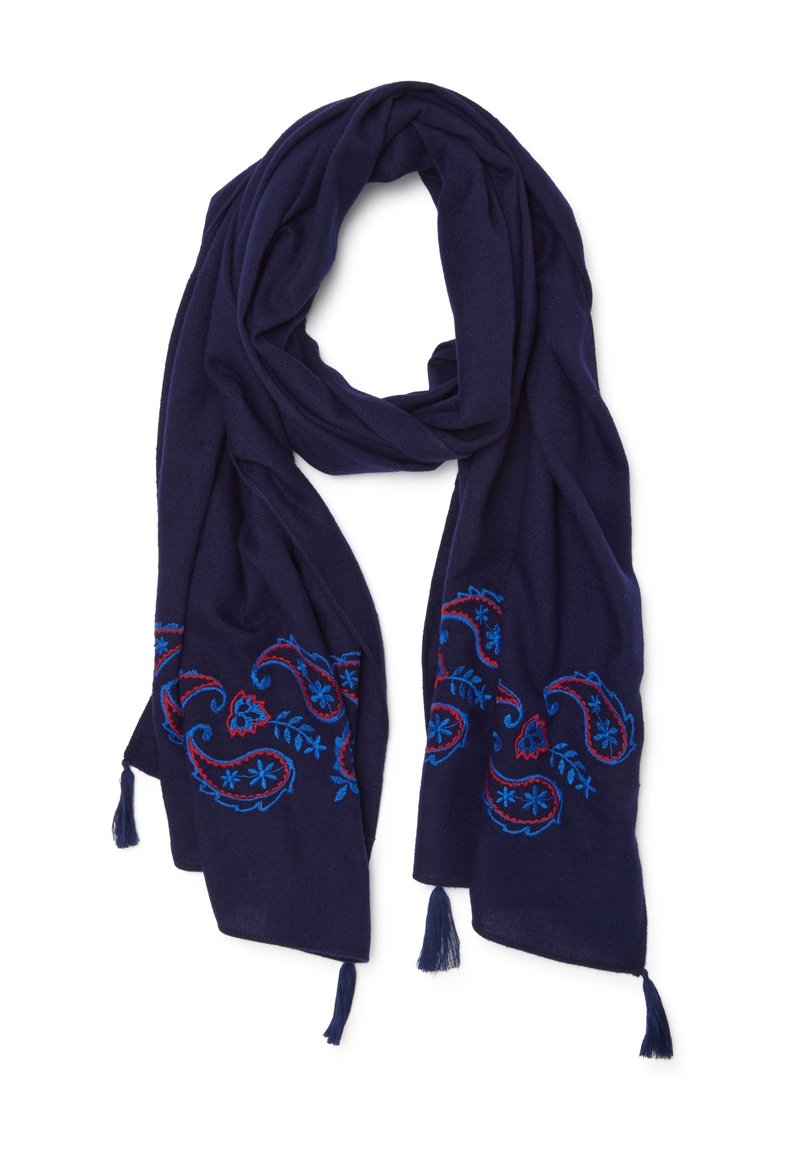 Foulard bleu marine en tissu doux, orné de broderies paisley rouges et bleues vives, avec des franges à chaque extrémité.