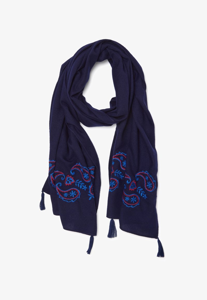 Foulard bleu marine en tissu doux, orné de broderies paisley rouges et bleues vives, avec des franges à chaque extrémité.