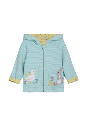 Hellblau gestreifte Zip-Hoodie mit gelbem gemustertem Futter. Mit gestickten Enten- und Hasenmotiven auf der Vorderseite.