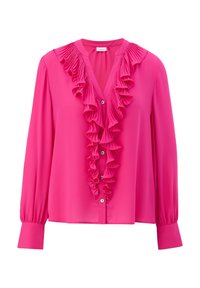 Lysande rosa blus med en djup V-ringning prydd med framträdande volanger och långa ärmar med knäppta manschetter. Slät tygstruktur.