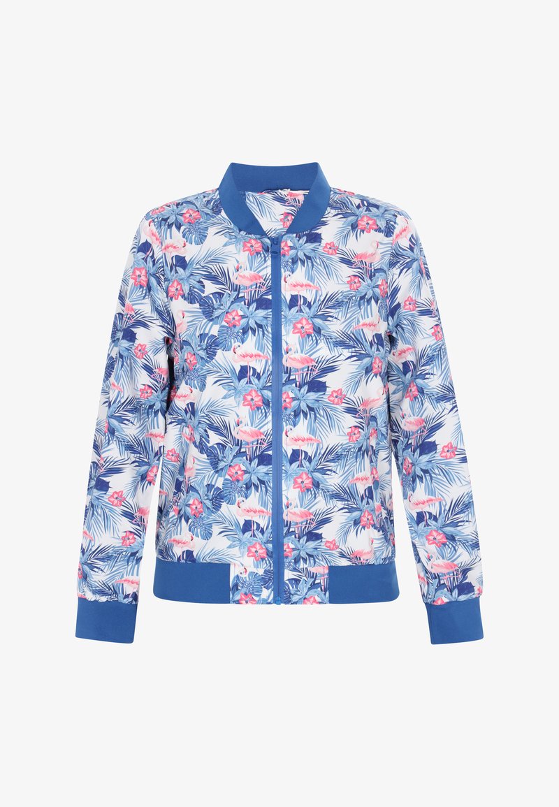 Blommig bomberjacka med blå ribbad krage och mudd. Har ett tropiskt mönster med rosa flamingos och gröna blad på en vit bakgrund.