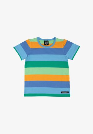 Kinderen T-shirt met korte mouwen met horizontale strepen in groen, lichtgroen, blauw, oranje en lichtblauw, met een VILLERVALLA-label.