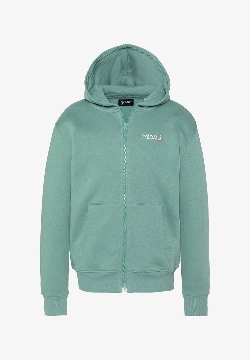 Felpa verde con zip realizzata in tessuto morbido, dotata di tasca frontale, polsini a costine e cappuccio. Logo stampato sul petto in colori a contrasto.