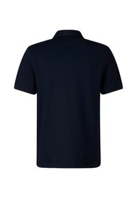 Granatowa koszulka polo z klasycznym kołnierzykiem i krótkimi rękawami, wykonana z miękkiego materiału o gładkiej fakturze, bez widocznych wzorów.