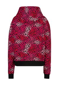 Kapuzensweatshirt mit einem lebhaften Leopardenmuster in Pink und Schwarz, mit einem schwarzen gerippten Saum und Bündchen. Glatte Textur, lässiger Schnitt.