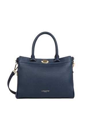 Marineblauwe handtas van getextureerd leer met dubbele handvatten, afneembare schouderriem en gouden hardware accenten.