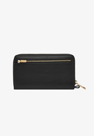 Portefeuille en cuir noir avec surface texturée, doté d'une fermeture éclair dorée et d'une plaque de logo dorée. Design rectangulaire compact avec un compartiment latéral à fermeture éclair.