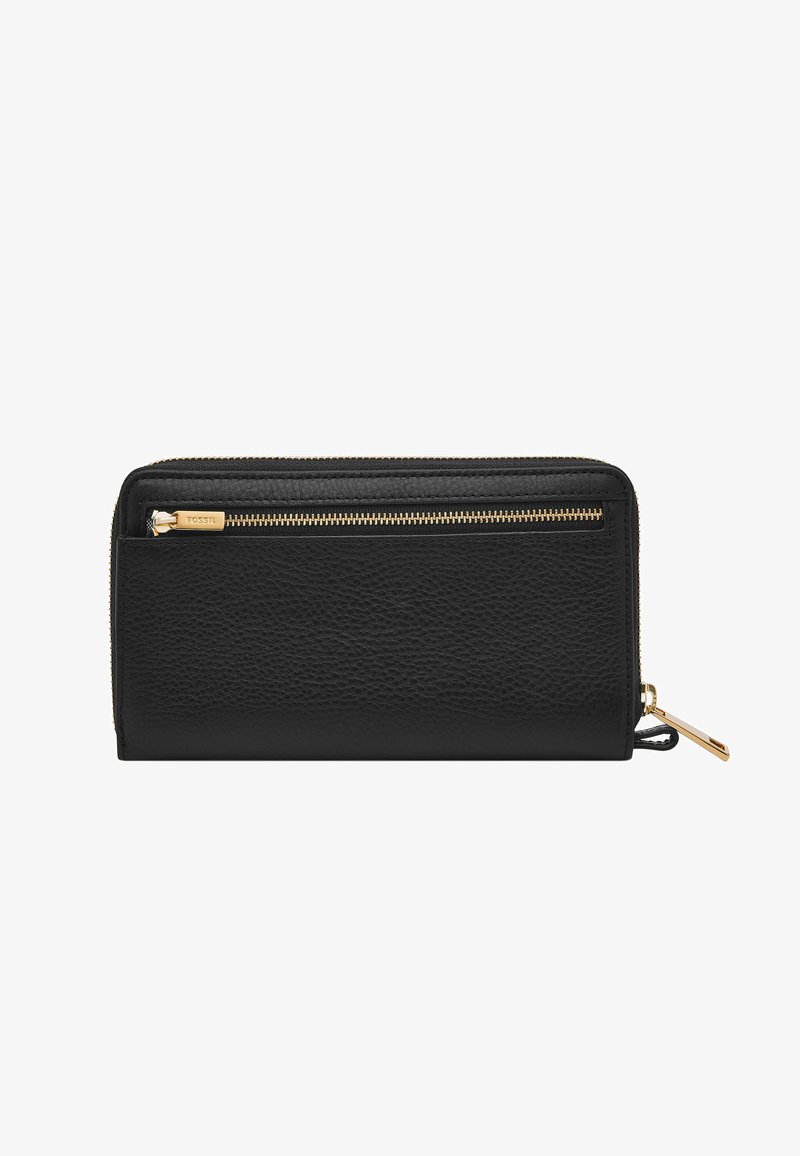 Portefeuille en cuir noir avec surface texturée, doté d'une fermeture éclair dorée et d'une plaque de logo dorée. Design rectangulaire compact avec un compartiment latéral à fermeture éclair.