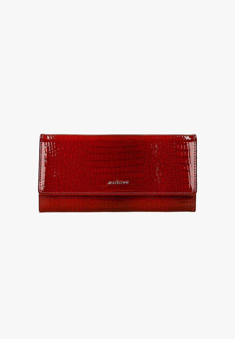 Portefeuille en cuir brillant rouge à motif crocodile, avec une fermeture à rabat et un petit logo de marque argenté au centre avant.