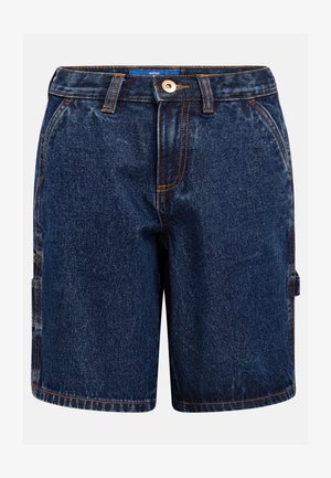 Mørkeblå denimshorts med knapp foran, beltehemper, sidelommer og synlige oransje sømmer.