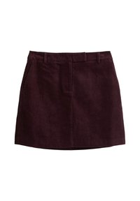 Donkerpaarse corduroy minirok met ceintuurlussen, voorzakken en een centrale naad aan de voorkant.
