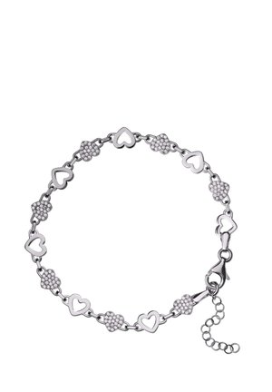 Silver bracelet featuring alternating heart-shaped links, some with a smooth finish and others adorned with clear stones. Clasp closure included.