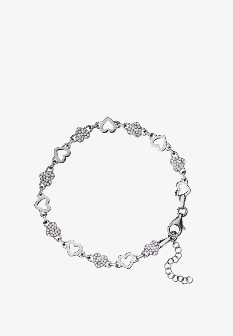 Silbernes Armband mit abwechselnden herzförmigen Gliedern, einige mit einer glatten Oberfläche und andere verziert mit klaren Steinen. Mit Verschluss.